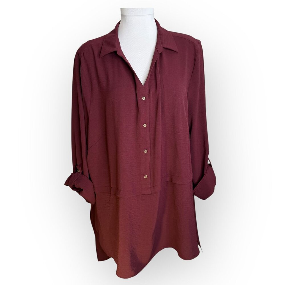 Adyson Parker‎ Burgundy Roll Tab Button Front Blouse Size 1X